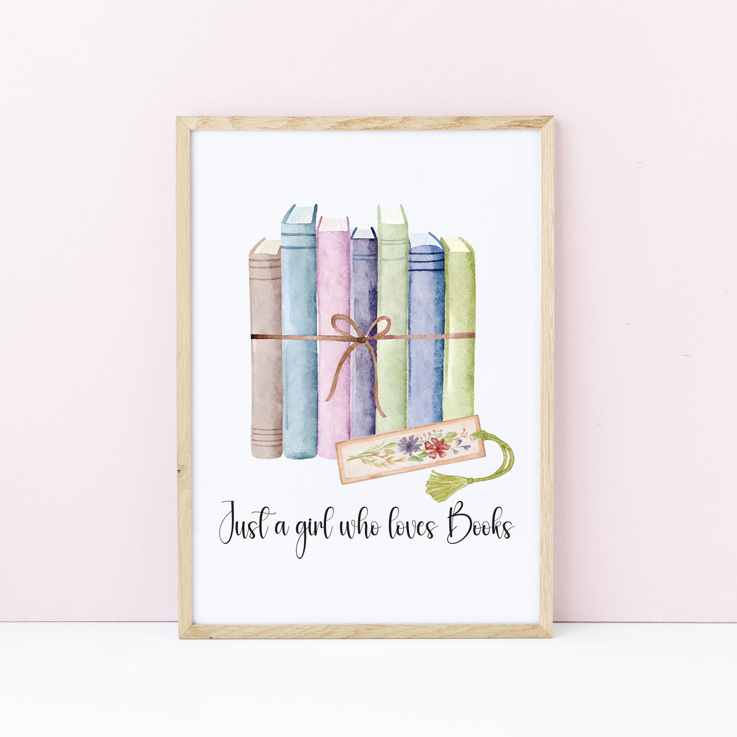 Book print, Just a girl who loves books, ribbon wrapped books & book mark reading Lover Wall Art (unframed)