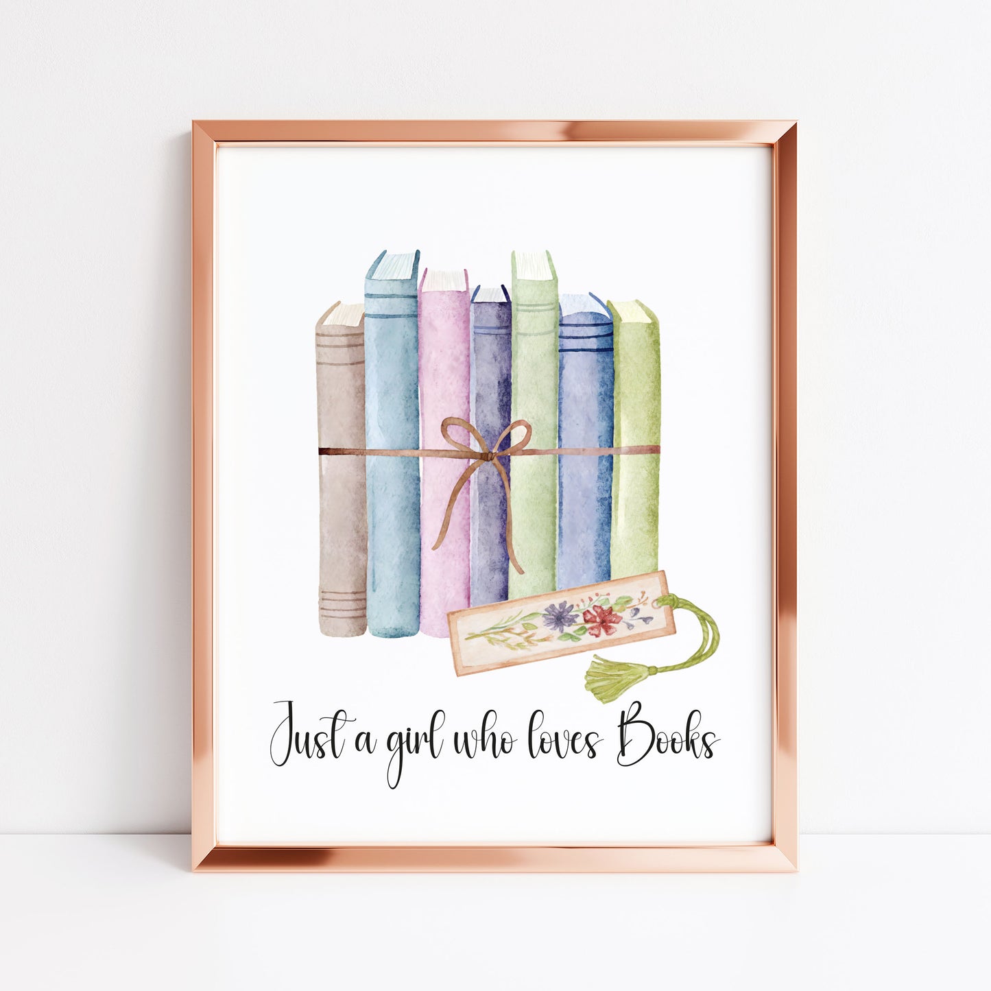 Book print, Just a girl who loves books, ribbon wrapped books & book mark reading Lover Wall Art (unframed)