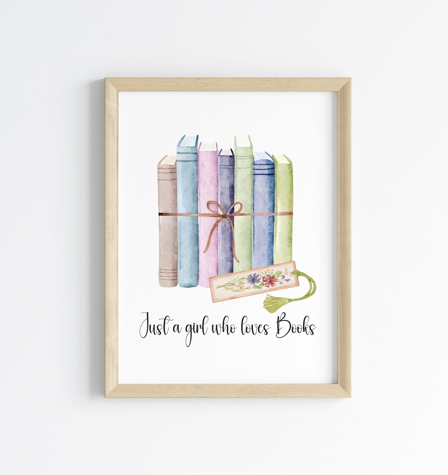 Book print, Just a girl who loves books, ribbon wrapped books & book mark reading Lover Wall Art (unframed)