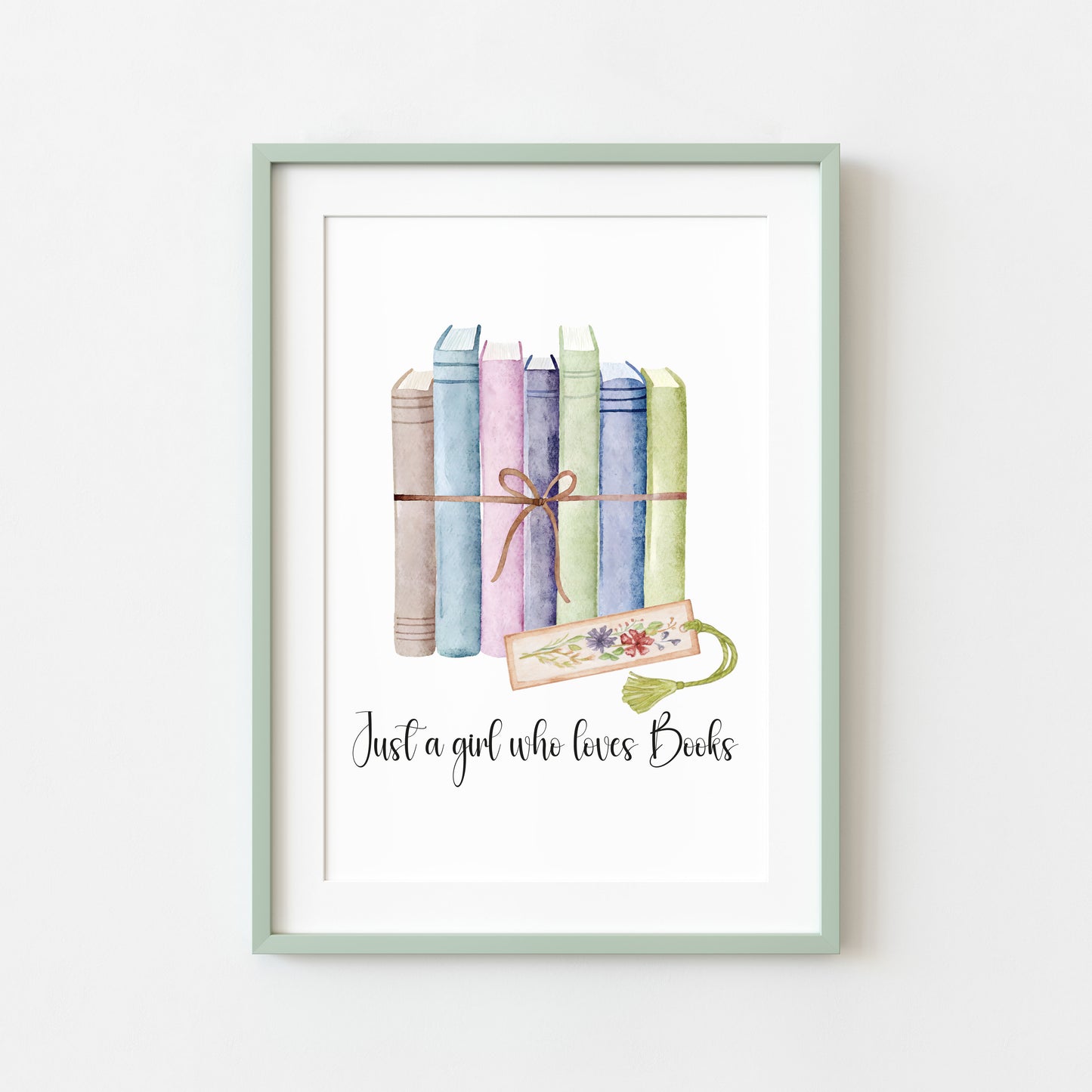 Book print, Just a girl who loves books, ribbon wrapped books & book mark reading Lover Wall Art (unframed)