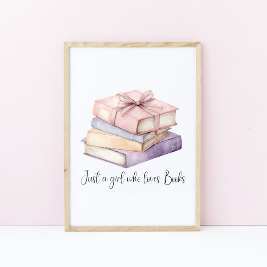 Book print, Just a girl who loves books, pink purple stack reading Lover Wall Art (unframed)