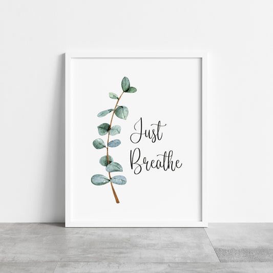 Just breathe green blue eucalyptus botanical stem watercolour bathroom toilet unframed wall art poster print