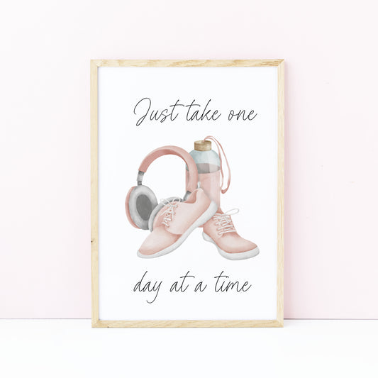 Just take one day at a time gym prints pink purple mauve cardio sports motivational gym room bedroom unframed wall art poster prints fitness