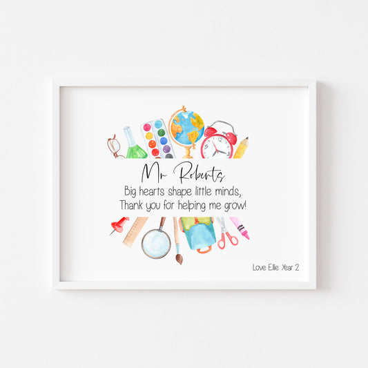 Personalised Thank you teacher landscape watercolour wreath illustration unframed wall art poster print