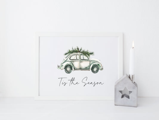 Christmas print, Tis the season green blue watercolour Christmas car and Christmas tree seasonal unframed wall art poster print