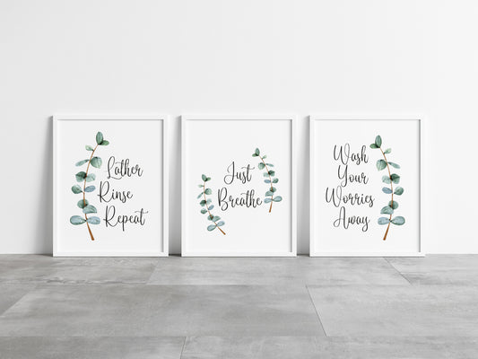 Set of 3 botanical stem Lather rinse repeat, just breathe, wash your worries away unframed prints
