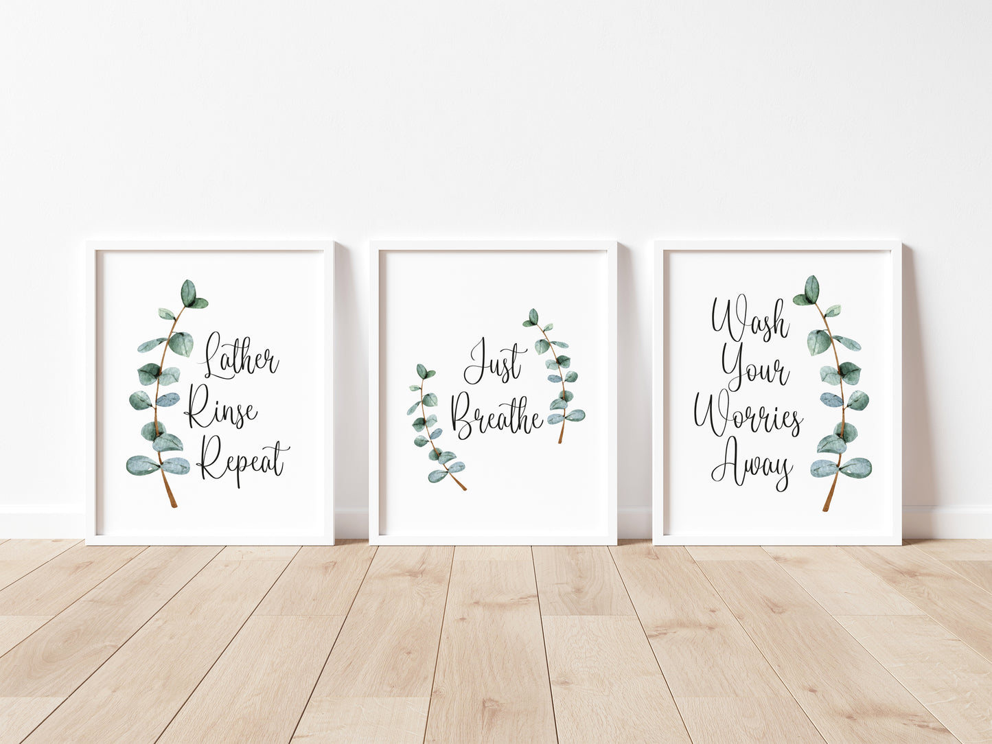 Set of 3 botanical stem Lather rinse repeat, just breathe, wash your worries away unframed prints