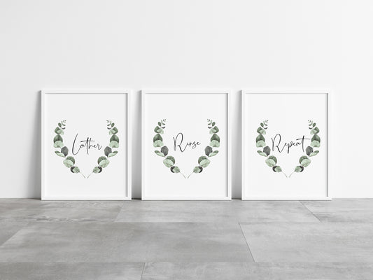 Set of 3 bathroom prints, Lather rinse repeat botanical bathroom washroom unframed wall art poster prints