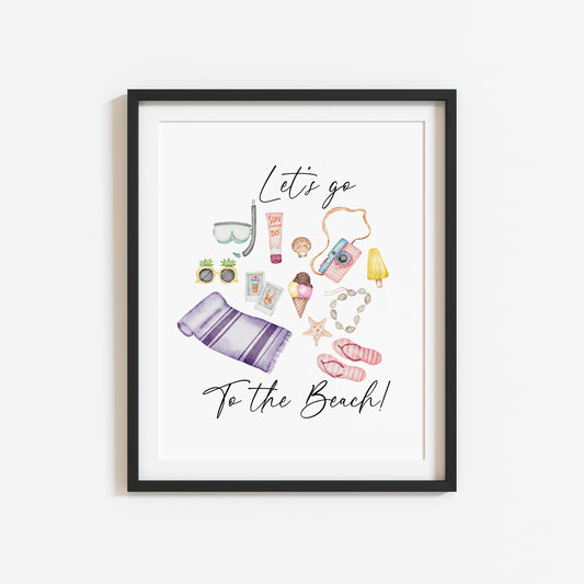Let's go to the beach summer watercolour beach day illustrations unframed wall art poster print