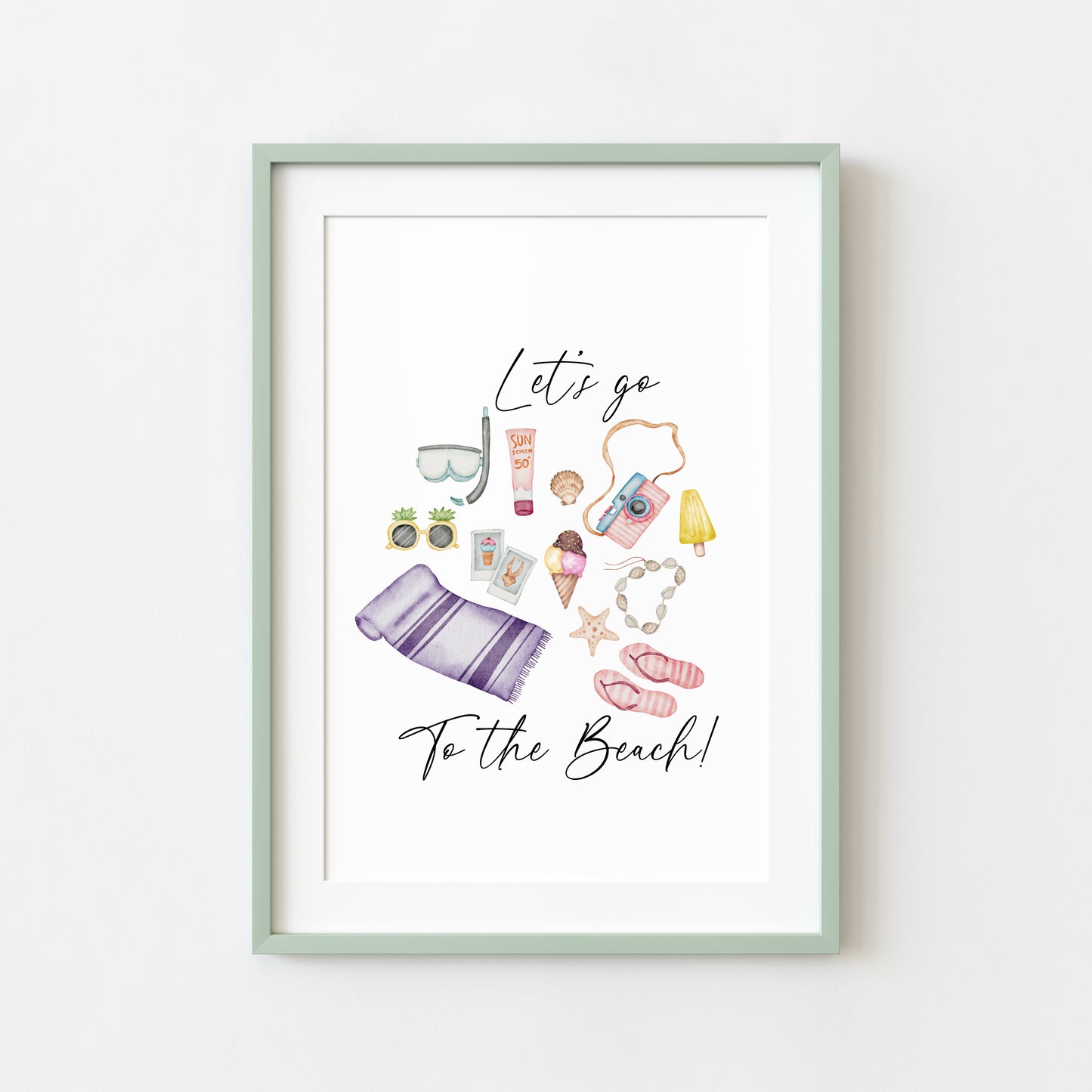 Let's go to the beach summer watercolour beach day illustrations unframed wall art poster print