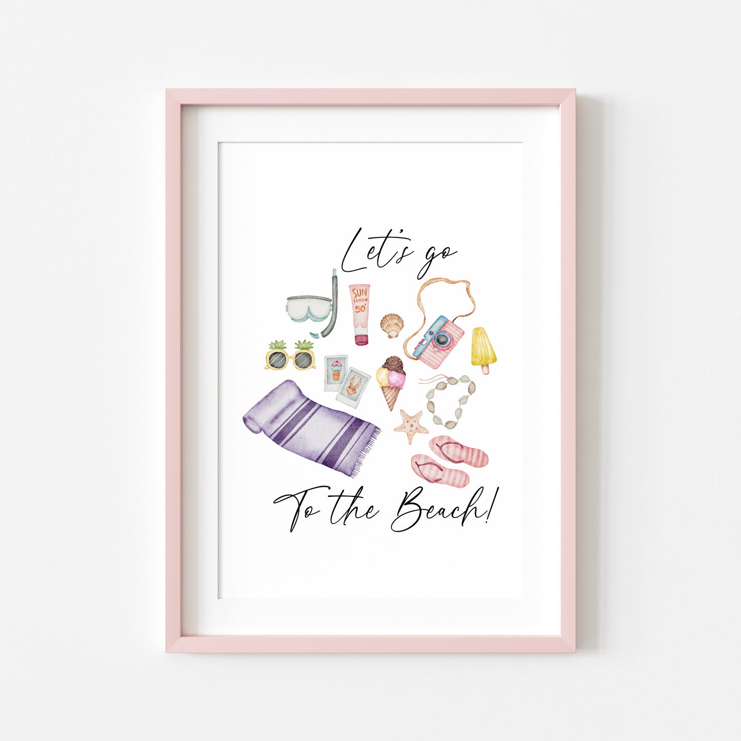 Let's go to the beach summer watercolour beach day illustrations unframed wall art poster print