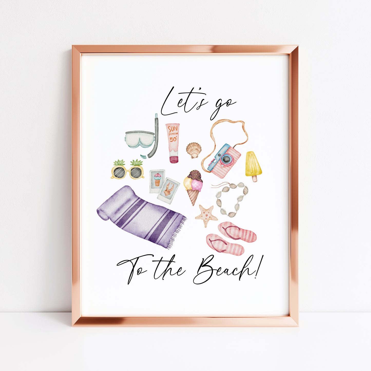 Let's go to the beach summer watercolour beach day illustrations unframed wall art poster print