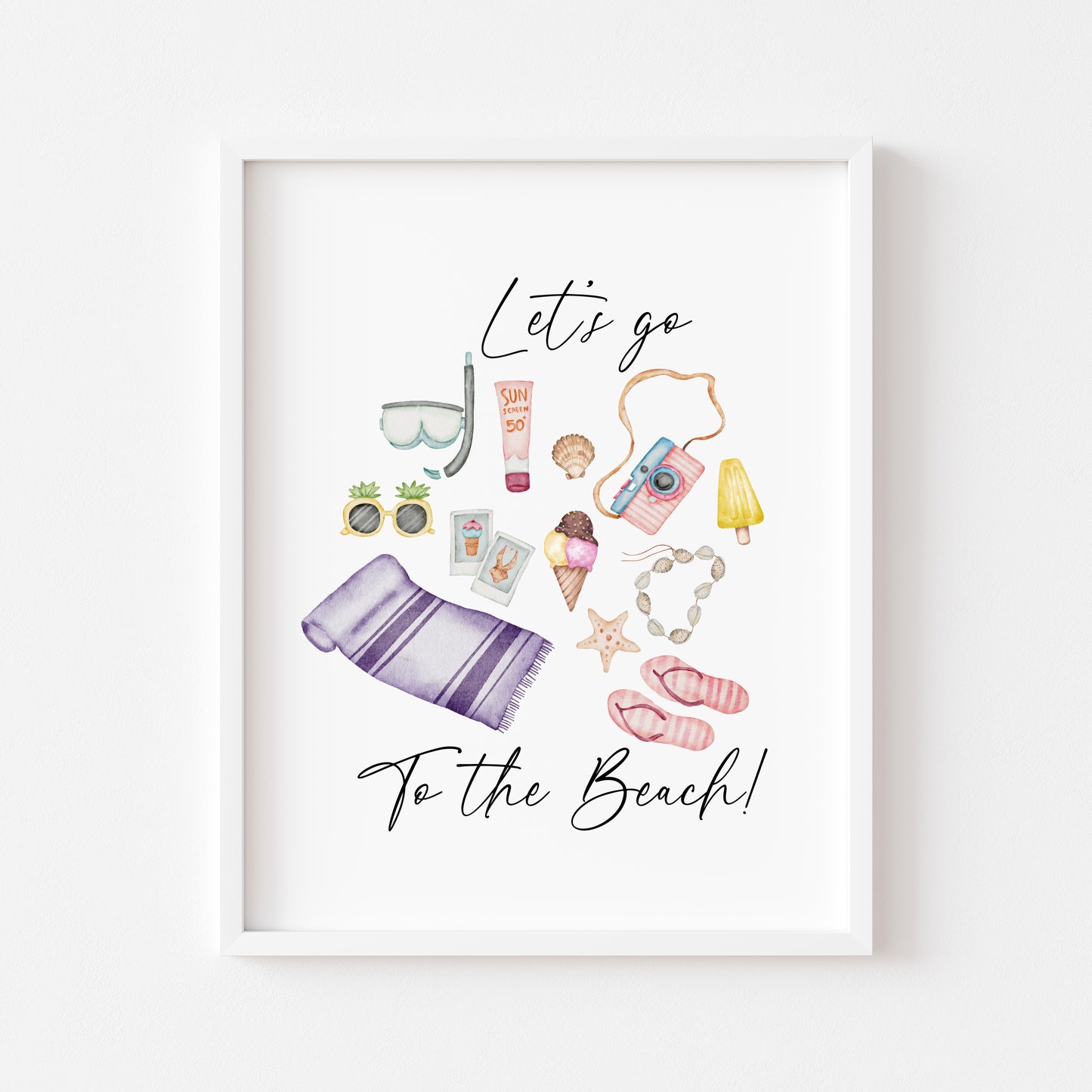 Let's go to the beach summer watercolour beach day illustrations unframed wall art poster print