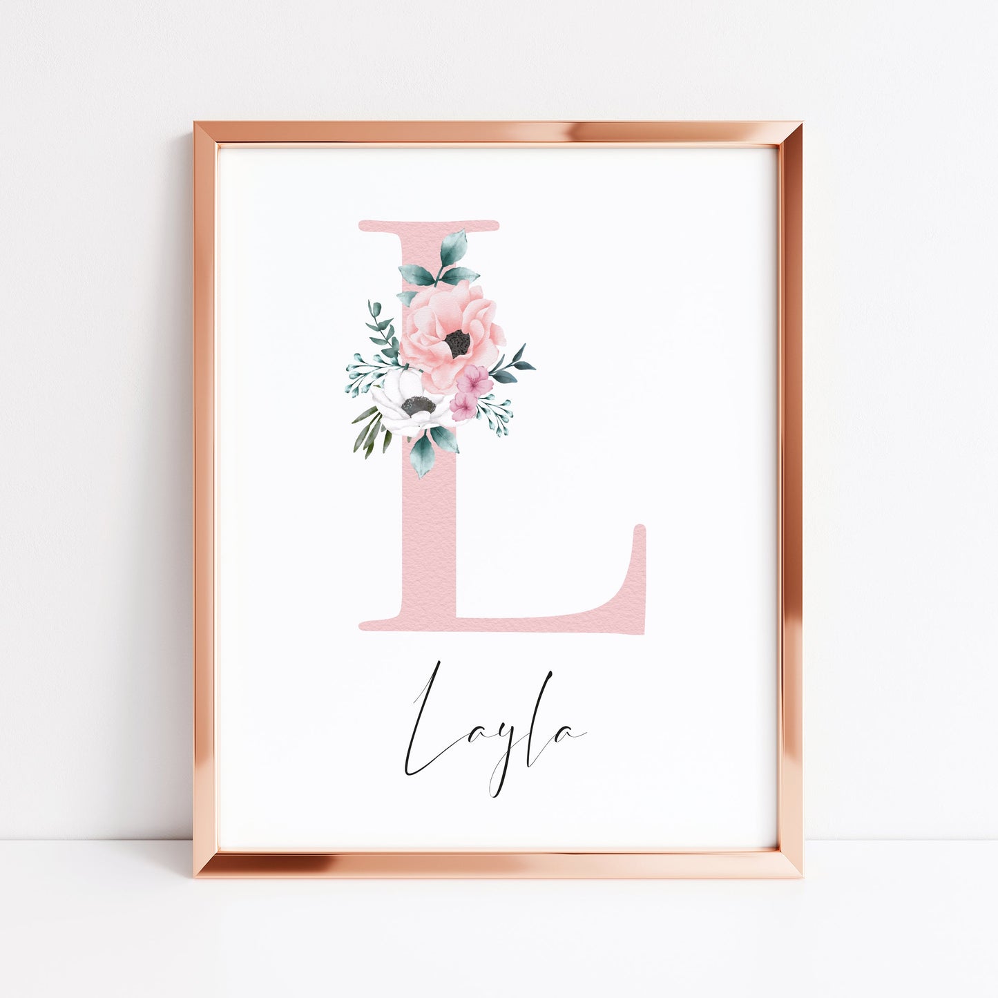 Personalised initial name print, pink watercolour floral initial illustration nursery unframed print