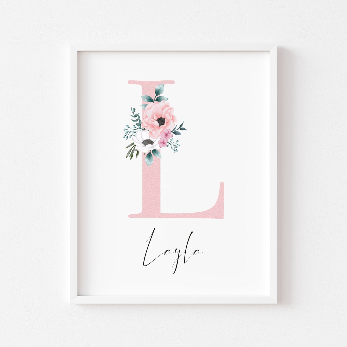 Personalised initial name print, pink watercolour floral initial illustration nursery unframed print