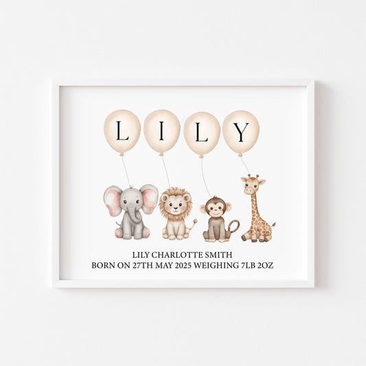 Personalised Safari Animals Nursery Print Beige Balloons, Birth Details unframed wall art poster print