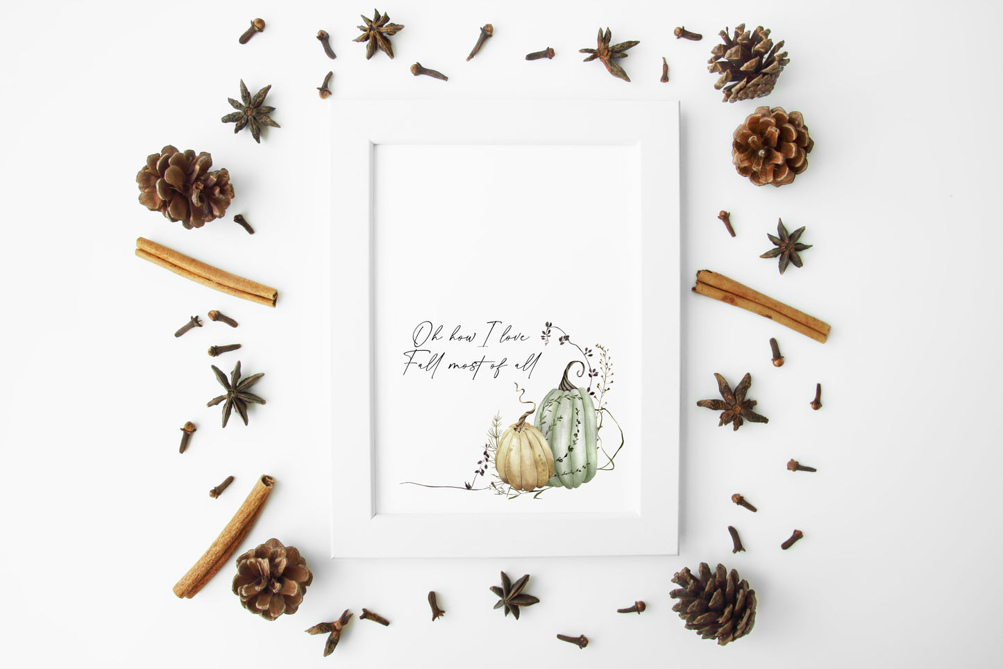 Autumn print, oh how I love fall most of all green & cream pumpkin unframed wall art poster print