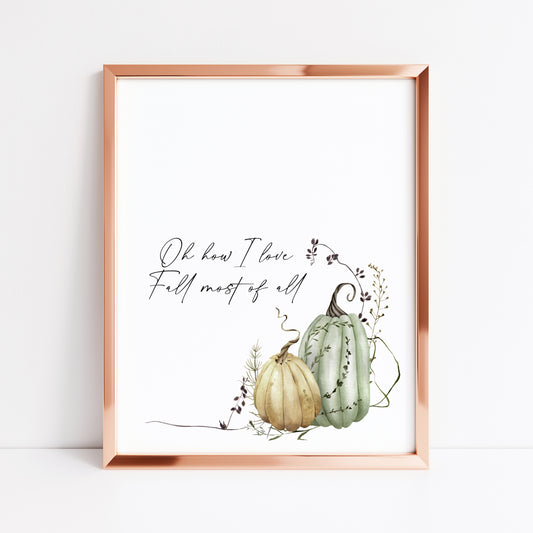 Autumn print, oh how I love fall most of all green & cream pumpkin unframed wall art poster print