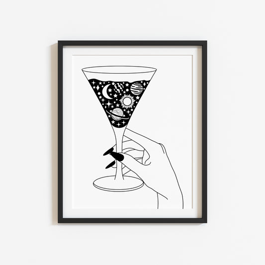 Bedroom kitchen print, Celestial Martini glass solar system kitchen bar bedroom unframed wall art poster print