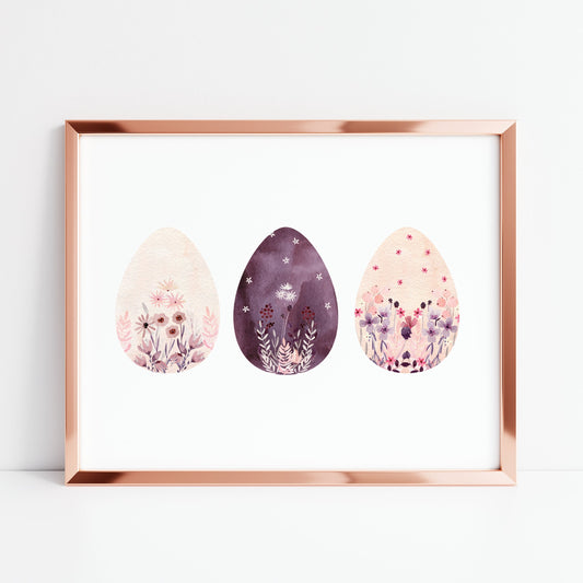 Easter print, Easter eggs landscape floral mauve ,pink & purple unframed wall art poster print