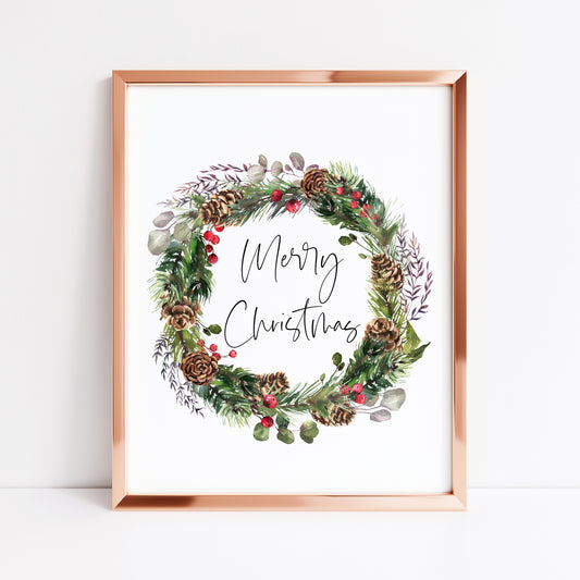 Merry Christmas acorns & berries winter foliage seasonal wreath unframed wall art poster print