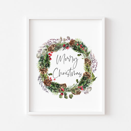 Merry Christmas acorns & berries winter foliage seasonal wreath unframed wall art poster print