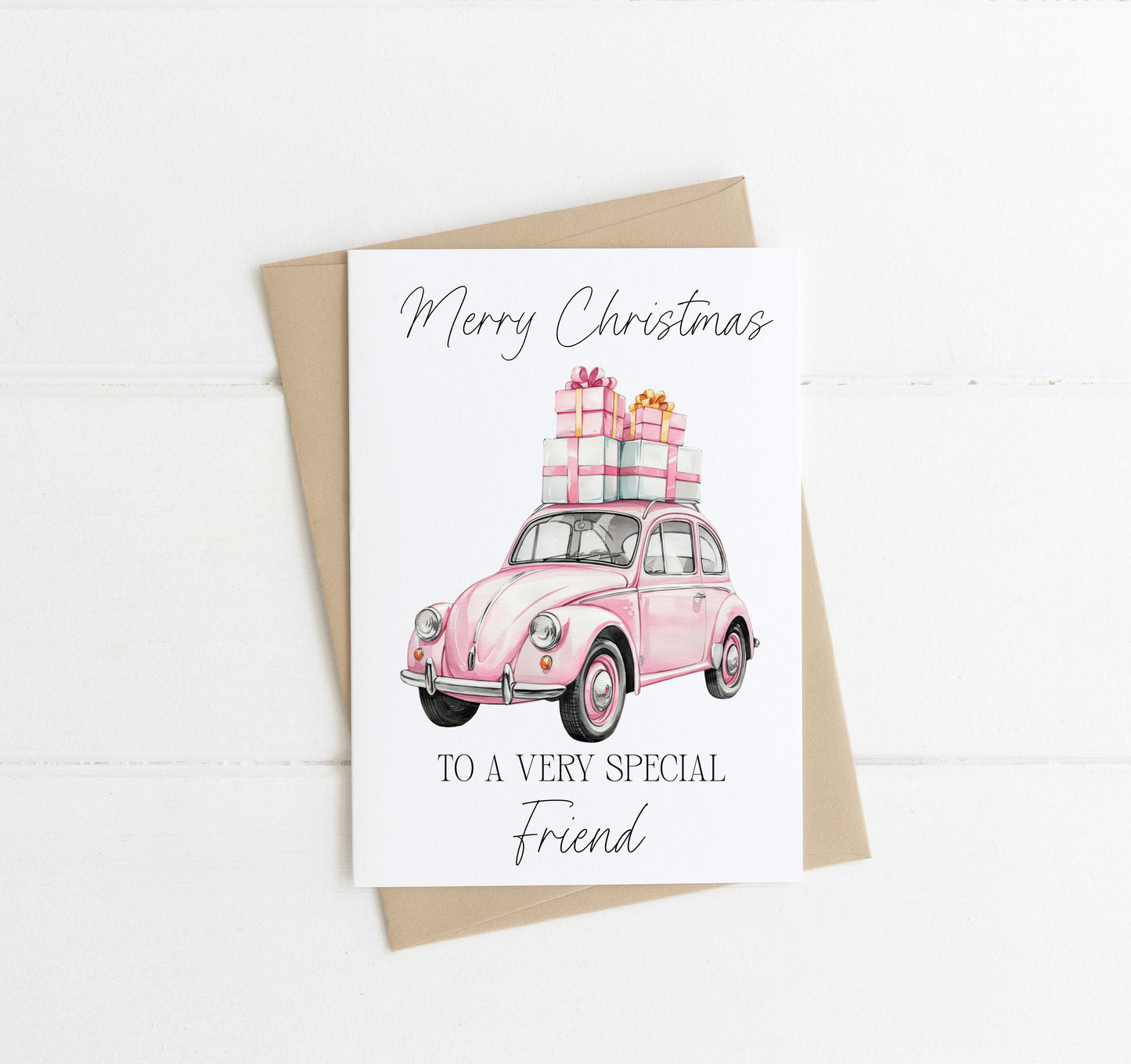 Christmas card, Merry Christmas special sister friend xmas pink car pretty seasonal watercolour greetings card,envelope,kraft brown or white
