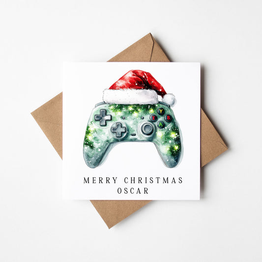 Gaming xbox watercolour green & black Christmas Card (with Envelope)