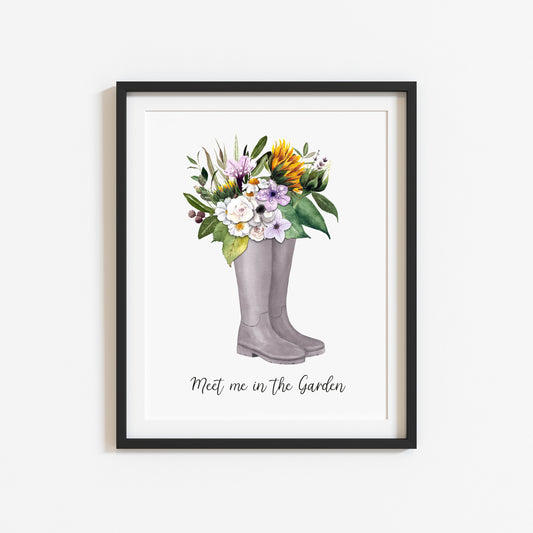 Summer print, Meet me in the garden watercolour floral sunflower boots unframed wall art poster print