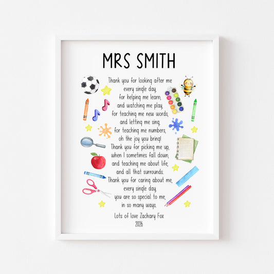 Nursery Teacher Thank You Print Personalised Teacher Gift