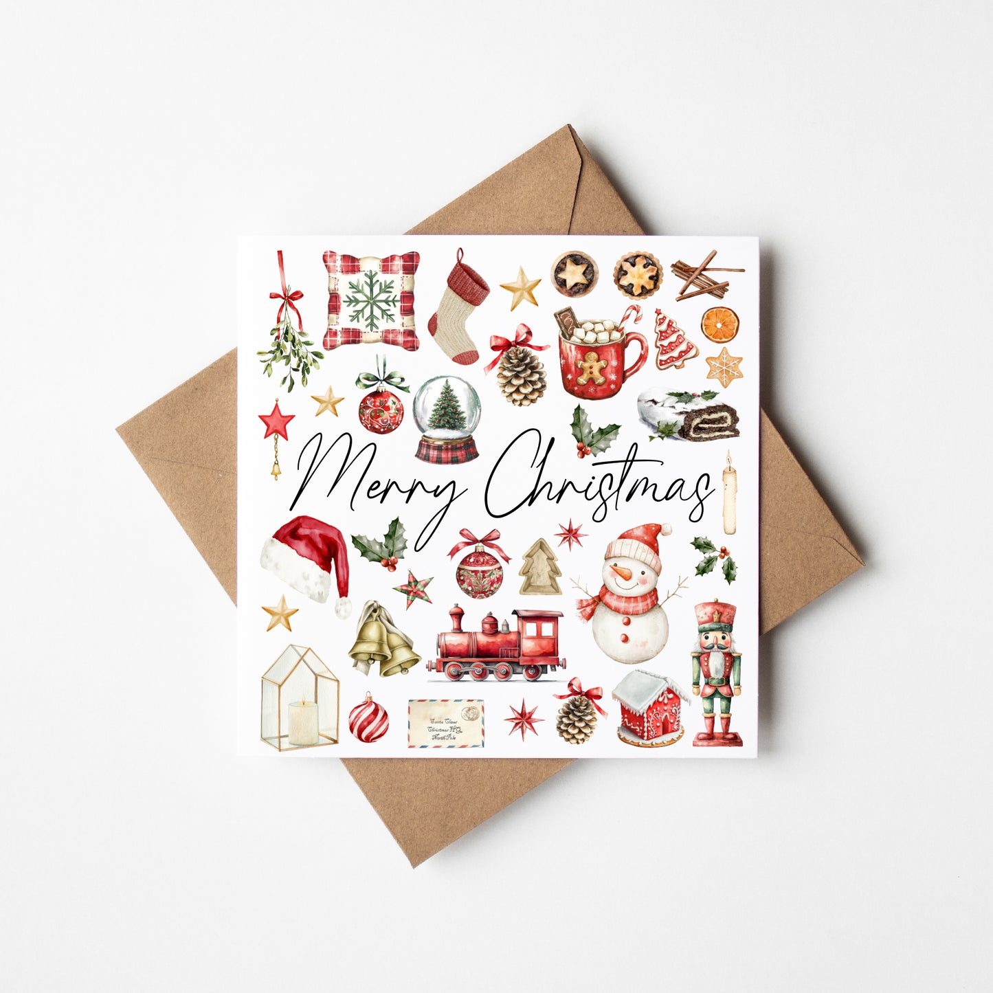 Christmas Card watercolour Merry Christmas red green traditional mood board with envelope