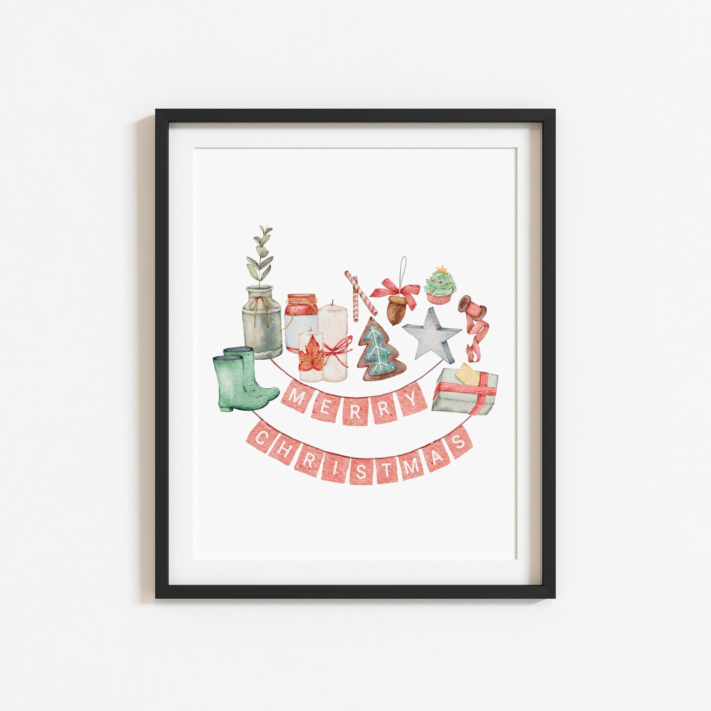 Merry Christmas bunting watercolour xmas collage seasonal unframed wall art poster print