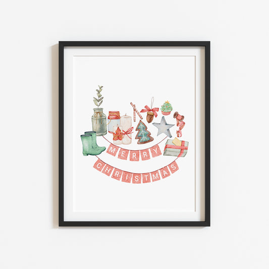 Merry Christmas bunting watercolour xmas collage seasonal unframed wall art poster print