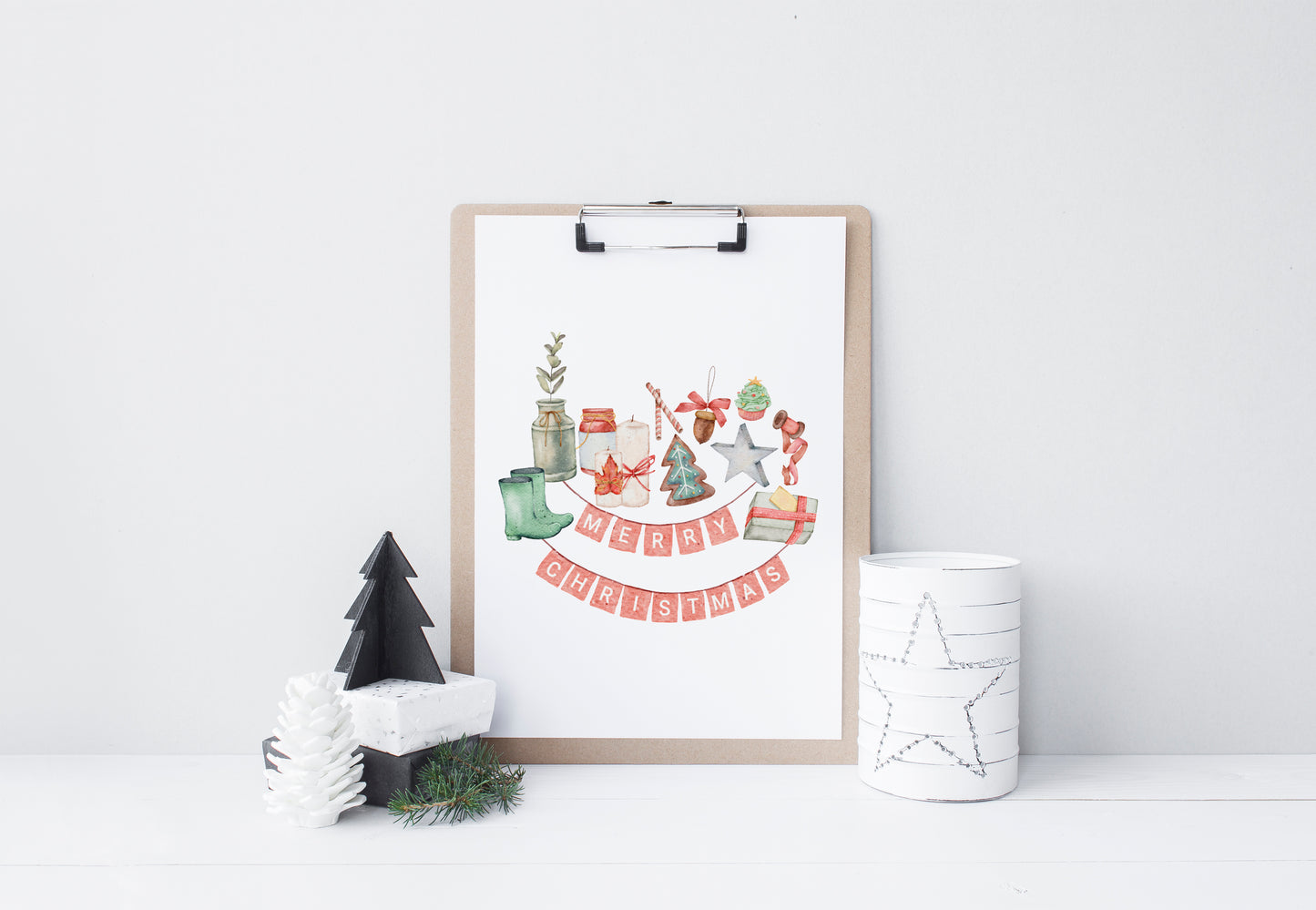 Merry Christmas bunting watercolour xmas collage seasonal unframed wall art poster print