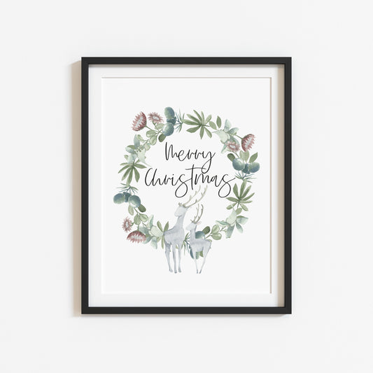Merry Christmas grey and green reindeer watercolour seasonal unframed wall art poster print