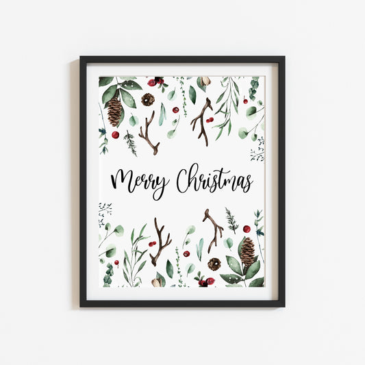 Merry Christmas winter foliage seasonal watercolour xmas seasonal unframed wall art poster print