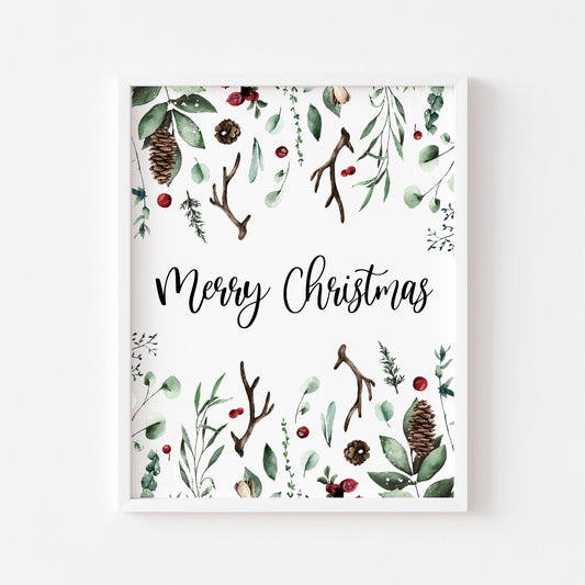Merry Christmas winter foliage seasonal watercolour xmas seasonal unframed wall art poster print