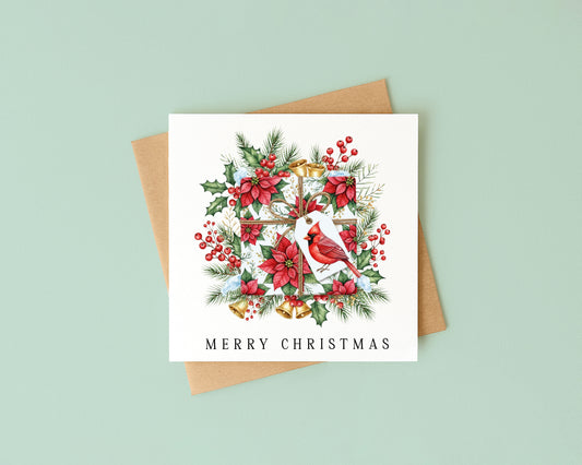 Christmas Card watercolour festive floral bright present decoration red & green with envelope