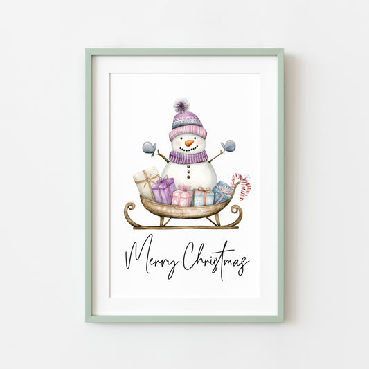 Merry Christmas purple cute snowman lilac watercolour presents winter snowman xmas home unframed wall art poster print, Christmas decor