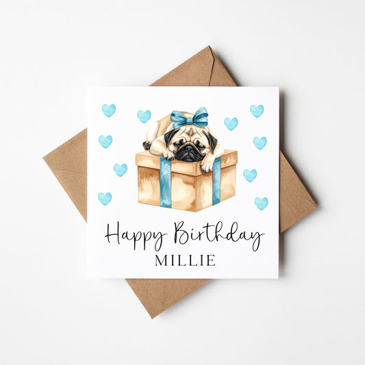 Personalised Pug Birthday card, custom dog pug lover card with envelope