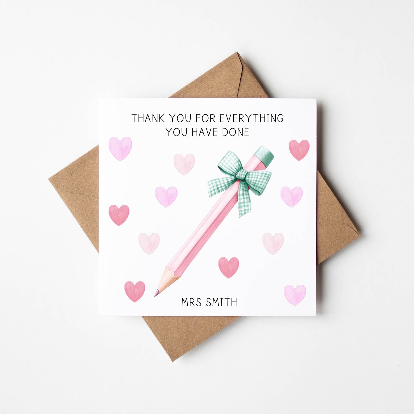 Personalised thank you card pencil mint pink hearts watercolour thank you teacher school nursery mentor assistant card with brown envelope