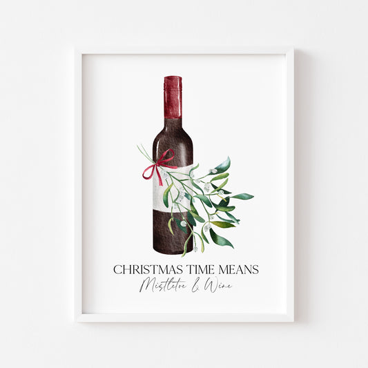 Christmas time means Mistletoe and Wine watercolour winter Xmas seasonal unframed wall art poster print