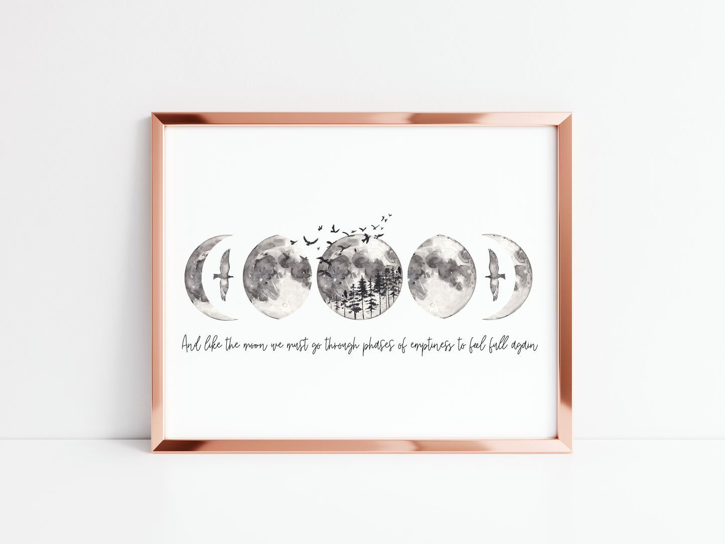 And just like the moon we must go through phases, grey watercolour moon celestial style typography unframed wall art poster print