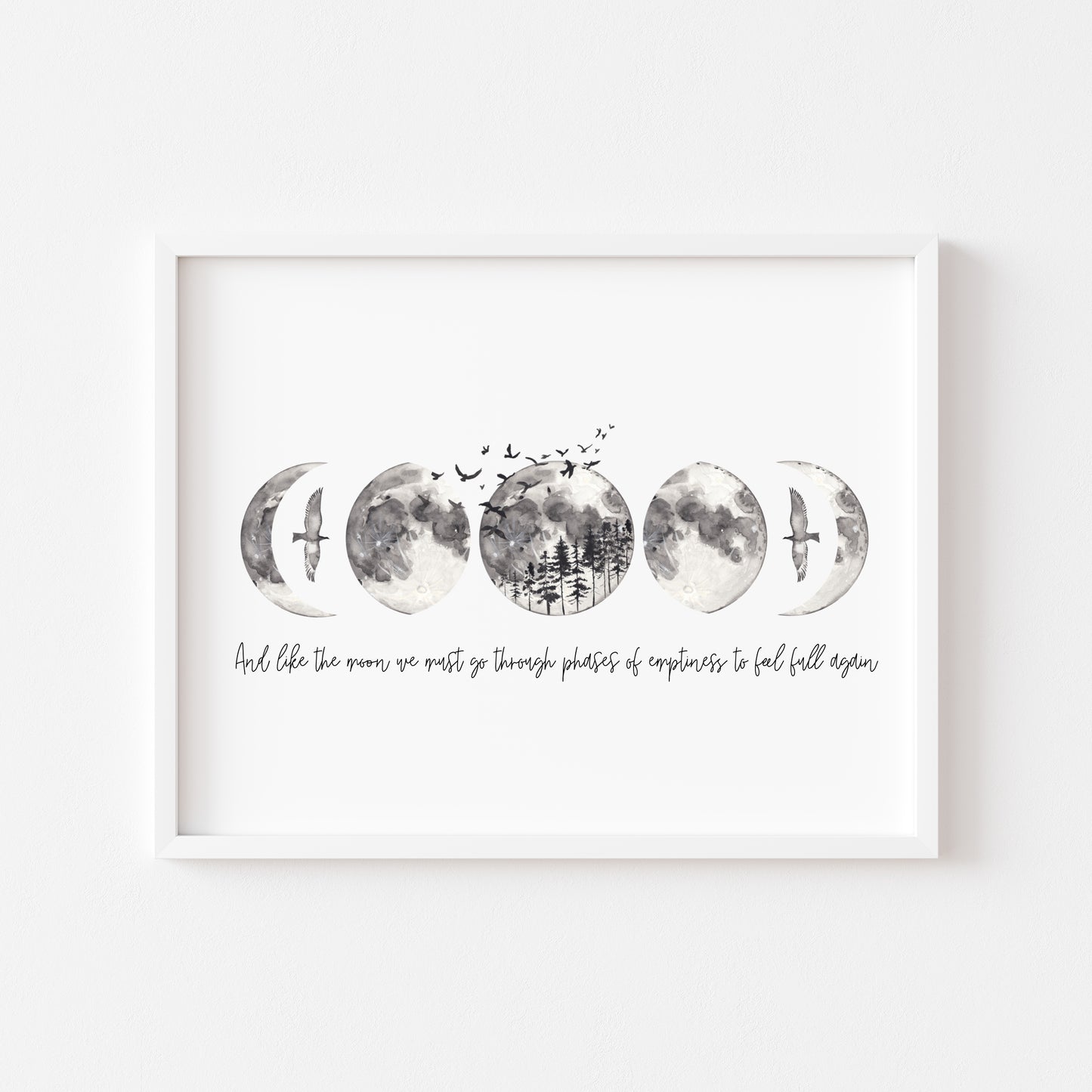 And just like the moon we must go through phases, grey watercolour moon celestial style typography unframed wall art poster print