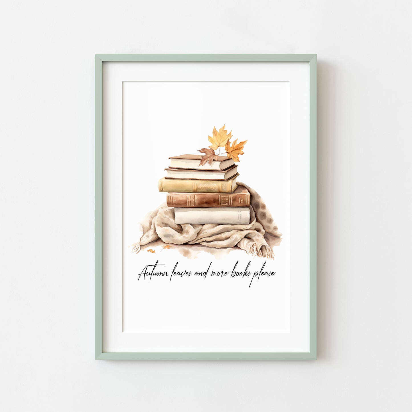 Autumn leaves and more books please, autumnal watercolour cosy jumpers & books fall seasonal unframed wall art poster print