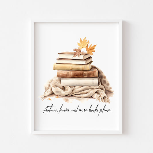 Autumn leaves and more books please, autumnal watercolour cosy jumpers & books fall seasonal unframed wall art poster print