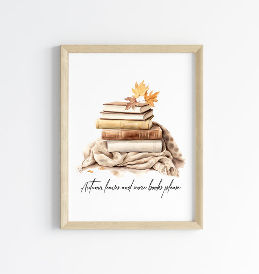 Autumn leaves and more books please, autumnal watercolour cosy jumpers & books fall seasonal unframed wall art poster print