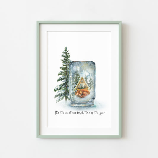 It's the most wonderful time of the year watercolour woodland fox snow globe seasonal unframed wall art poster print