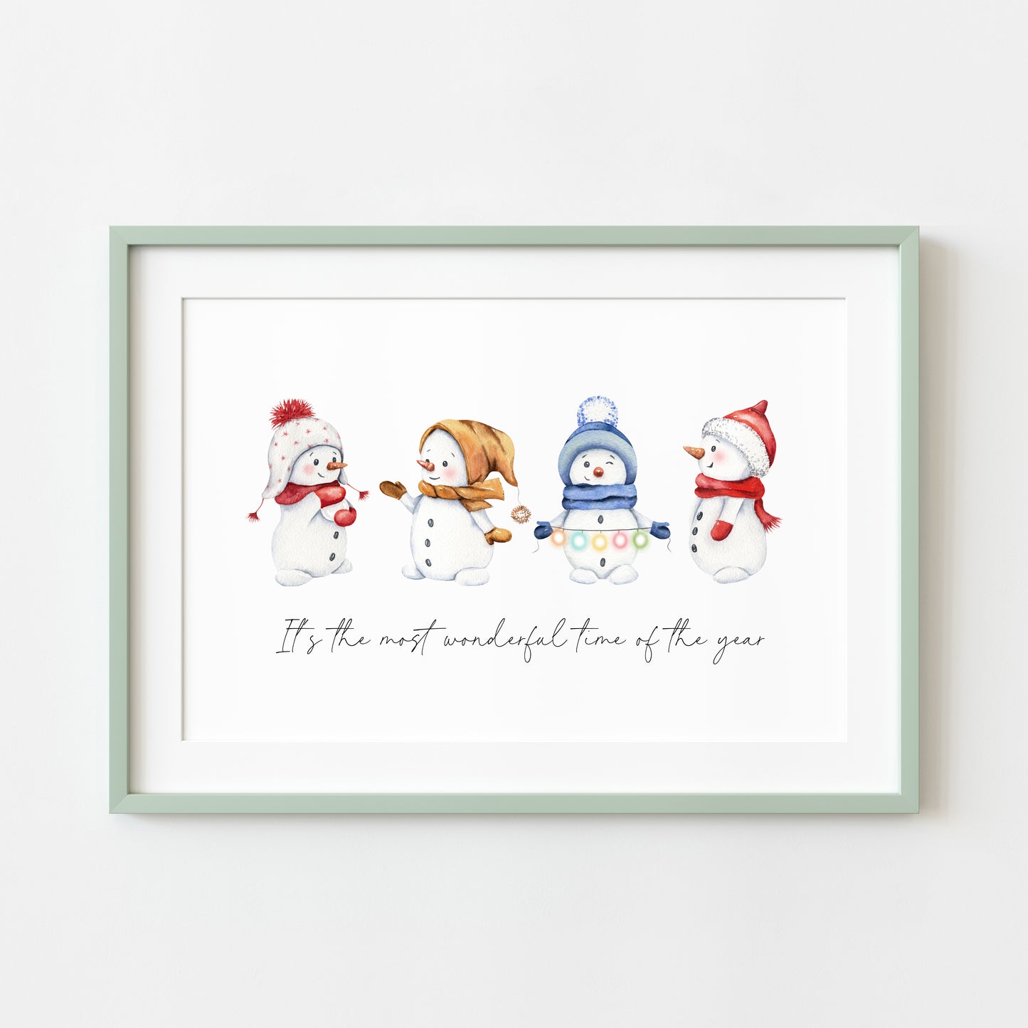 It's the most wonderful time of the year snowman watercolour landscape illustration unframed wall art poster print