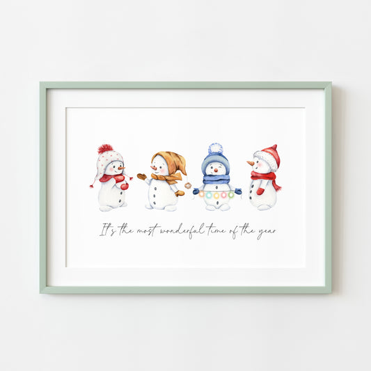 It's the most wonderful time of the year snowman watercolour landscape illustration unframed wall art poster print